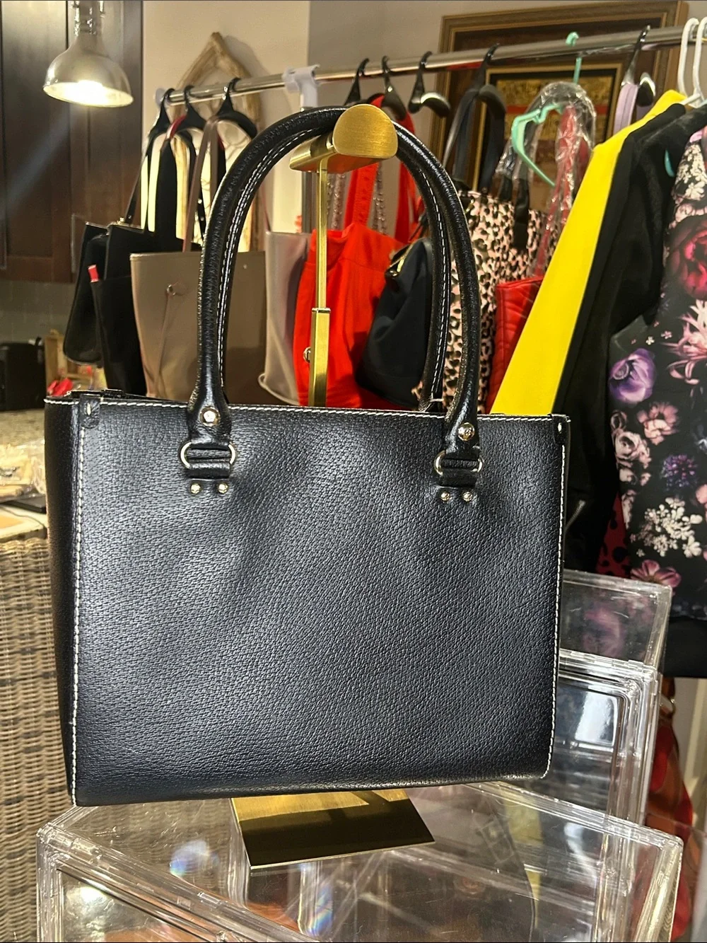 Kate Spade Black Pebbled Leather TarryTown Quinn Structured Bag 11.5”x 9.5” EUC